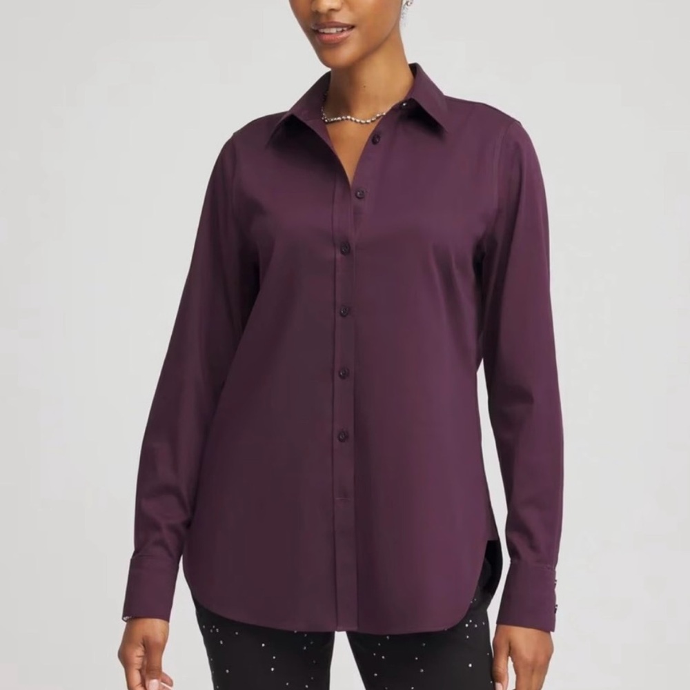 NWT Chico's Deep Purple Sateen Button Down Shirt Sz M